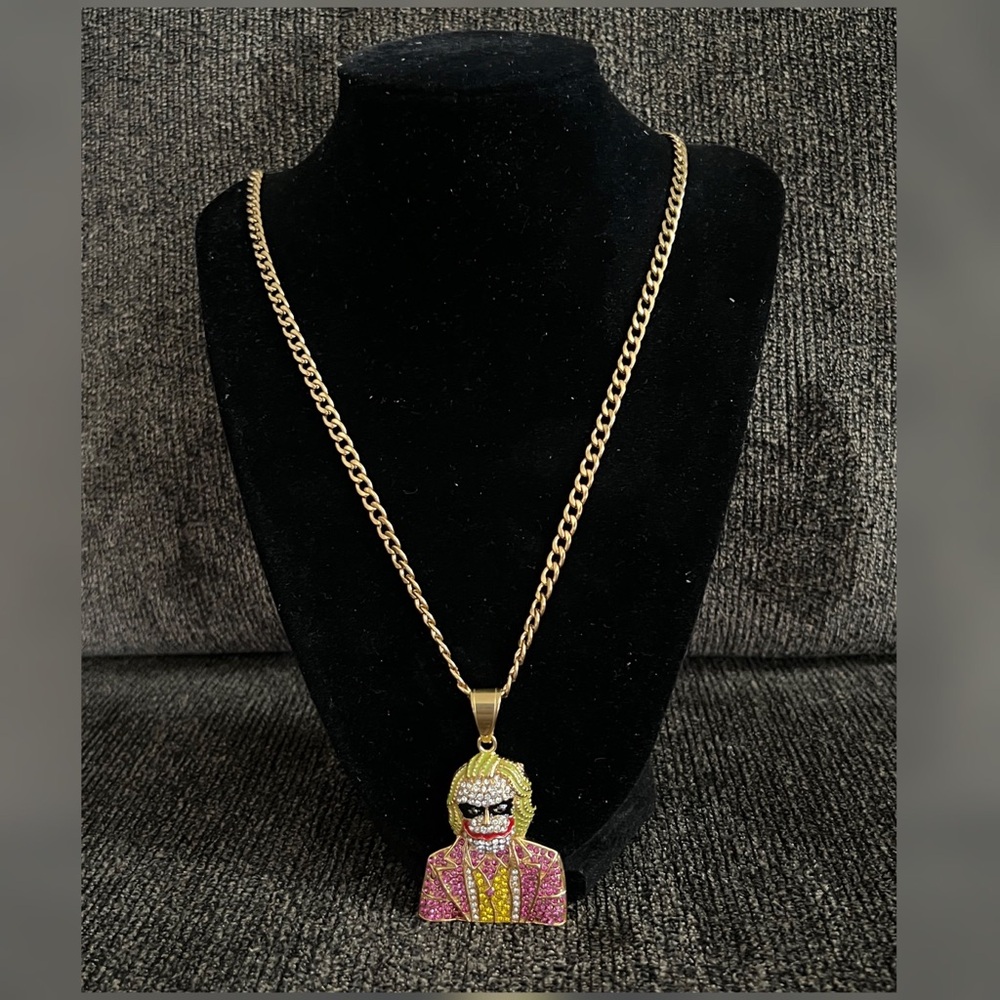 Cartoon Ice Out Joker Pendant with Curb Chain 22”